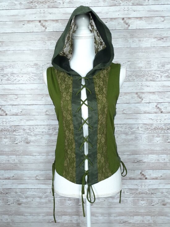 Earthbound Trading Co Tops - Earthbound Trading Fairy Vest S Hooded Lace Up Green Festival Ren Fair 959A